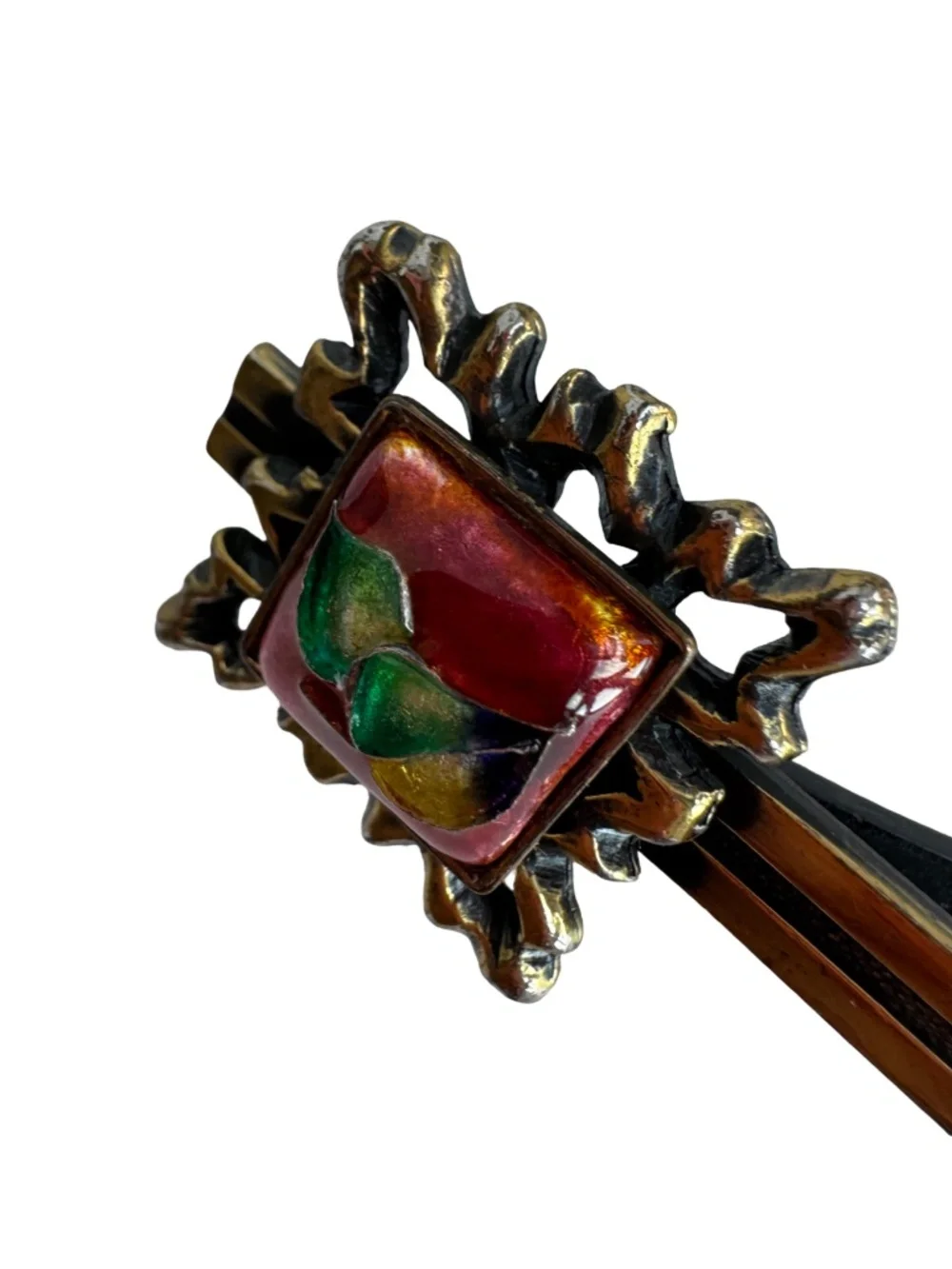 Vintage Japanese Cloisonne Tie Clip Red Green Enamel Floral Ornate Bar 2.25in